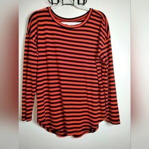 Lou & Grey (Size L) Orange & Navy Blue Striped Jersey Stretch LS Pullover Top